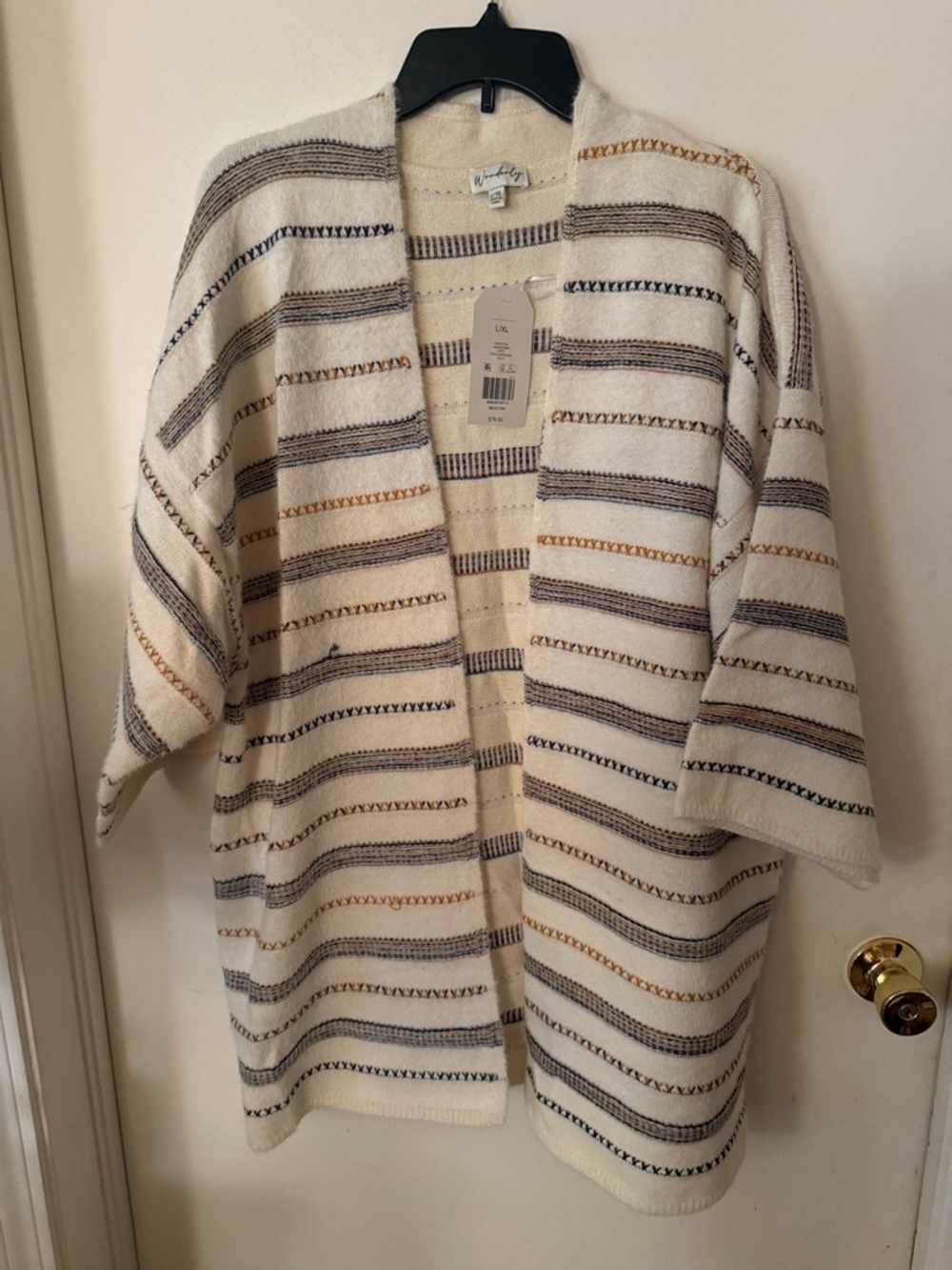Wonderly Cream Open-Front Cardigan with Navy Gray & Tan Stripes
